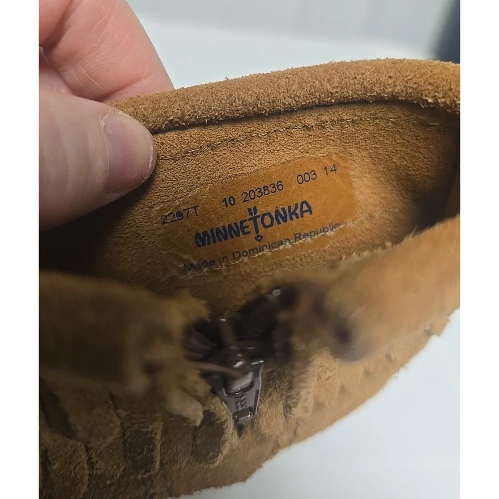 Minnetonka Brown Suede Moccasins Double Fringe Ankle Bootie Girls Size 10